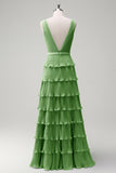 Dusty Sage A Line V-Neck Pleated Tiered Backless Long Bridesmaid Dress with Slit