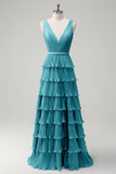 Dusty Sage A Line V-Neck Pleated Tiered Backless Long Bridesmaid Dress with Slit