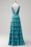 Dusty Sage A Line V-Neck Pleated Tiered Backless Long Bridesmaid Dress with Slit