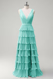 Dusty Sage A Line V-Neck Pleated Tiered Backless Long Bridesmaid Dress with Slit