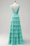 Dusty Sage A Line V-Neck Pleated Tiered Backless Long Bridesmaid Dress with Slit