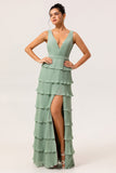 Dusty Sage A Line V-Neck Pleated Tiered Backless Long Bridesmaid Dress with Slit