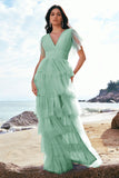 Green A-Line V Neck Ruched Tiered Long Bridesmaid Dress with Slit