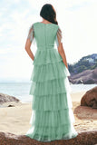 Green A-Line V Neck Ruched Tiered Long Bridesmaid Dress with Slit