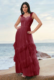 Grey Blue A-Line Ruched Corset Long Bridesmaid Dress with Ruffles