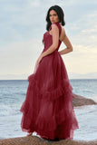 Grey Blue A-Line Ruched Corset Long Bridesmaid Dress with Ruffles