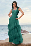 Grey Blue A-Line Ruched Corset Long Bridesmaid Dress with Ruffles
