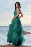 Grey Blue A-Line Ruched Corset Long Bridesmaid Dress with Ruffles