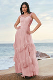 Grey Blue A-Line Ruched Corset Long Bridesmaid Dress with Ruffles