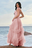 Grey Blue A-Line Ruched Corset Long Bridesmaid Dress with Ruffles