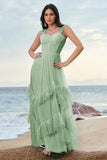 Grey Blue A-Line Ruched Corset Long Bridesmaid Dress with Ruffles