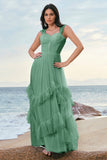 Grey Blue A-Line Ruched Corset Long Bridesmaid Dress with Ruffles