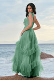 Grey Blue A-Line Ruched Corset Long Bridesmaid Dress with Ruffles