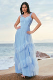 Grey Blue A-Line Ruched Corset Long Bridesmaid Dress with Ruffles