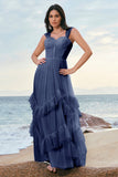 Grey Blue A-Line Ruched Corset Long Bridesmaid Dress with Ruffles