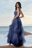 Grey Blue A-Line Ruched Corset Long Bridesmaid Dress with Ruffles