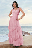 Grey Blue A-Line Ruched Corset Long Bridesmaid Dress with Ruffles