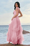 Grey Blue A-Line Ruched Corset Long Bridesmaid Dress with Ruffles