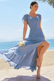 Grey Blue A-Line Chiffon Lace Up Back Bridesmaid Dress with Slit