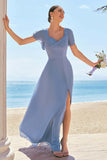 Grey Blue A-Line Chiffon Lace Up Back Bridesmaid Dress with Slit