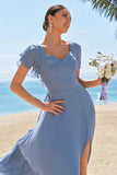 Grey Blue A-Line Chiffon Lace Up Back Bridesmaid Dress with Slit