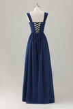 Dark Blue A-Line Square Neck Corset Lace Up Back Chiffon Long Bridesmaid Dress