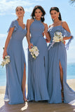 Grey Blue A-Line Cold Shoulder Ruched Chiffon Long Bridesmaid Dress with Slit
