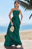 Dark Green A-Line Spaghetti Straps Ruched Satin Long Bridesmaid Dress