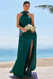 Mermaid Halter Floor Length Satin Dark Green Long Bridesmaid Dress