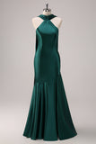Mermaid Halter Floor Length Satin Dark Green Long Bridesmaid Dress