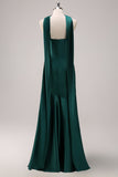Mermaid Halter Floor Length Satin Dark Green Long Bridesmaid Dress
