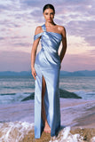 Sky Blue Mermaid Cold Shoulder Pleated Satin Maxi Dress with Slit