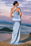 Sky Blue Mermaid Cold Shoulder Pleated Satin Maxi Dress with Slit