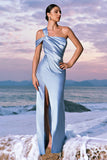 Sky Blue Mermaid Cold Shoulder Pleated Satin Maxi Dress with Slit
