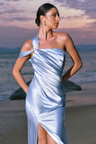 Sky Blue Mermaid Cold Shoulder Pleated Satin Maxi Dress with Slit