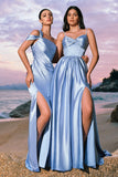 Sky Blue Mermaid Cold Shoulder Pleated Satin Maxi Dress with Slit