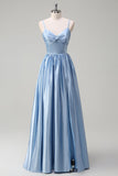 Sky Blue A-Line Spaghetti Straps Ruched Floor Length Bridesmaid Dress with Slit