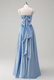 Sky Blue A-Line Spaghetti Straps Ruched Floor Length Bridesmaid Dress with Slit