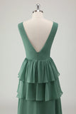 Eucalyptus A Line V Neck Tiered Long Bridesmaid Dress with Ruffles