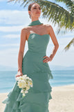 Eucalyptus A-Line Strapless Tiered Ruched Chiffon Long Bridesmaid Dress