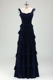 Dark Navy A-Line Backless Floor Length Tiered Long Bridesmaid Dress