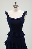 Dark Navy A Line Backless Floor Length Tiered Ruffle Bridesmaid Dress