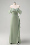 Light Green Sheath Off The Shoulder Chiffon Long Bridesmaid Dress with Ruffle Slit