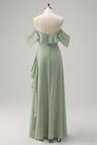 Light Green Sheath Off The Shoulder Chiffon Long Bridesmaid Dress with Ruffle Slit