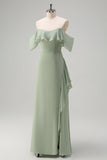 Light Green Sheath Off The Shoulder Chiffon Long Bridesmaid Dress with Ruffle Slit