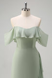 Light Green Sheath Off The Shoulder Chiffon Long Bridesmaid Dress with Ruffle Slit
