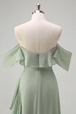 Light Green Sheath Off The Shoulder Chiffon Long Bridesmaid Dress with Ruffle Slit