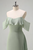 Light Green Sheath Off The Shoulder Chiffon Long Bridesmaid Dress with Ruffle Slit