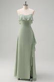 Light Green Sheath Off The Shoulder Chiffon Long Bridesmaid Dress with Ruffle Slit