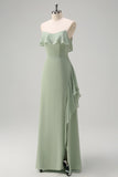 Light Green Sheath Off The Shoulder Chiffon Long Bridesmaid Dress with Ruffle Slit